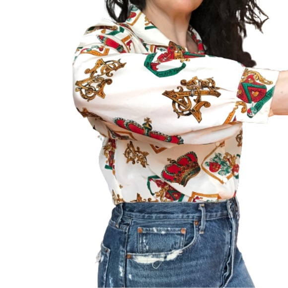 Vintage 80s Medieval Royal Regal Core Crown Monarchy Latin Novelty Blouse L/XL - Picture 12 of 17